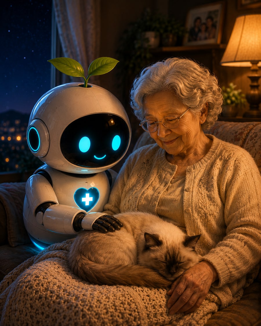 Elpis mascot beside a grandmother with a cat asleep on her lap
