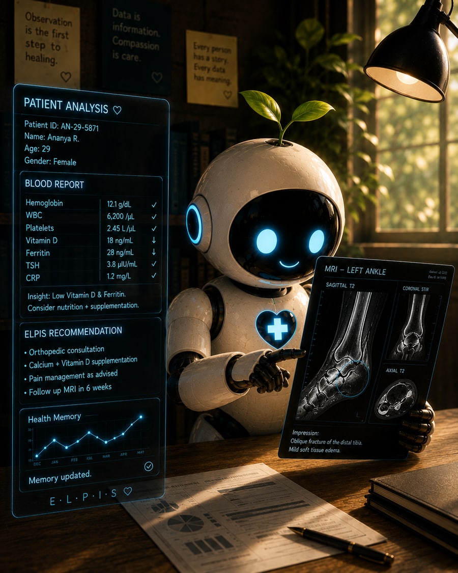 Elpis mascot reviewing a patient blood report and MRI scan at a desk