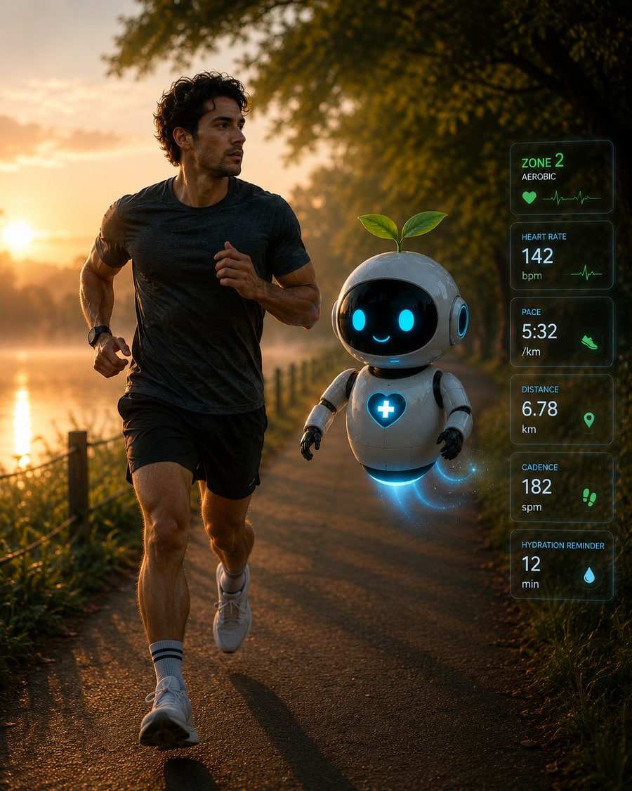 Elpis mascot running alongside a man, live health metrics floating beside them